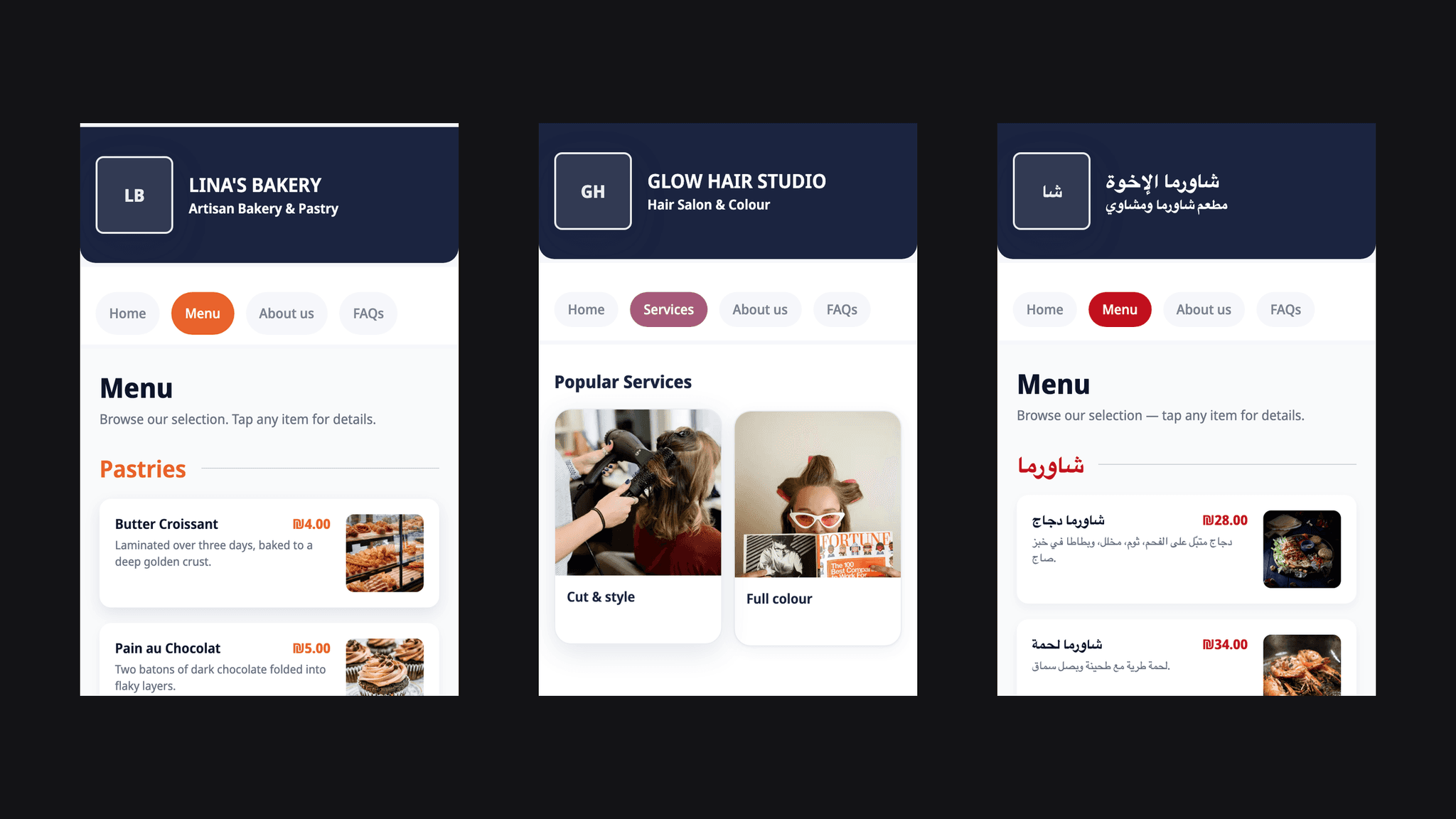 Three sites generated by Carder: a bakery menu, a salon services page, and an Arabic restaurant menu in right-to-left layout