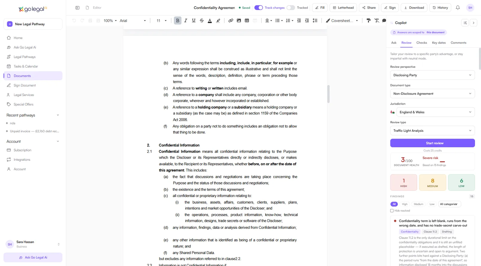 The Go Legal AI document editor: a confidentiality agreement open with track changes, beside the Copilot review panel showing traffic-light analysis, a document health score and the individual clause findings behind it