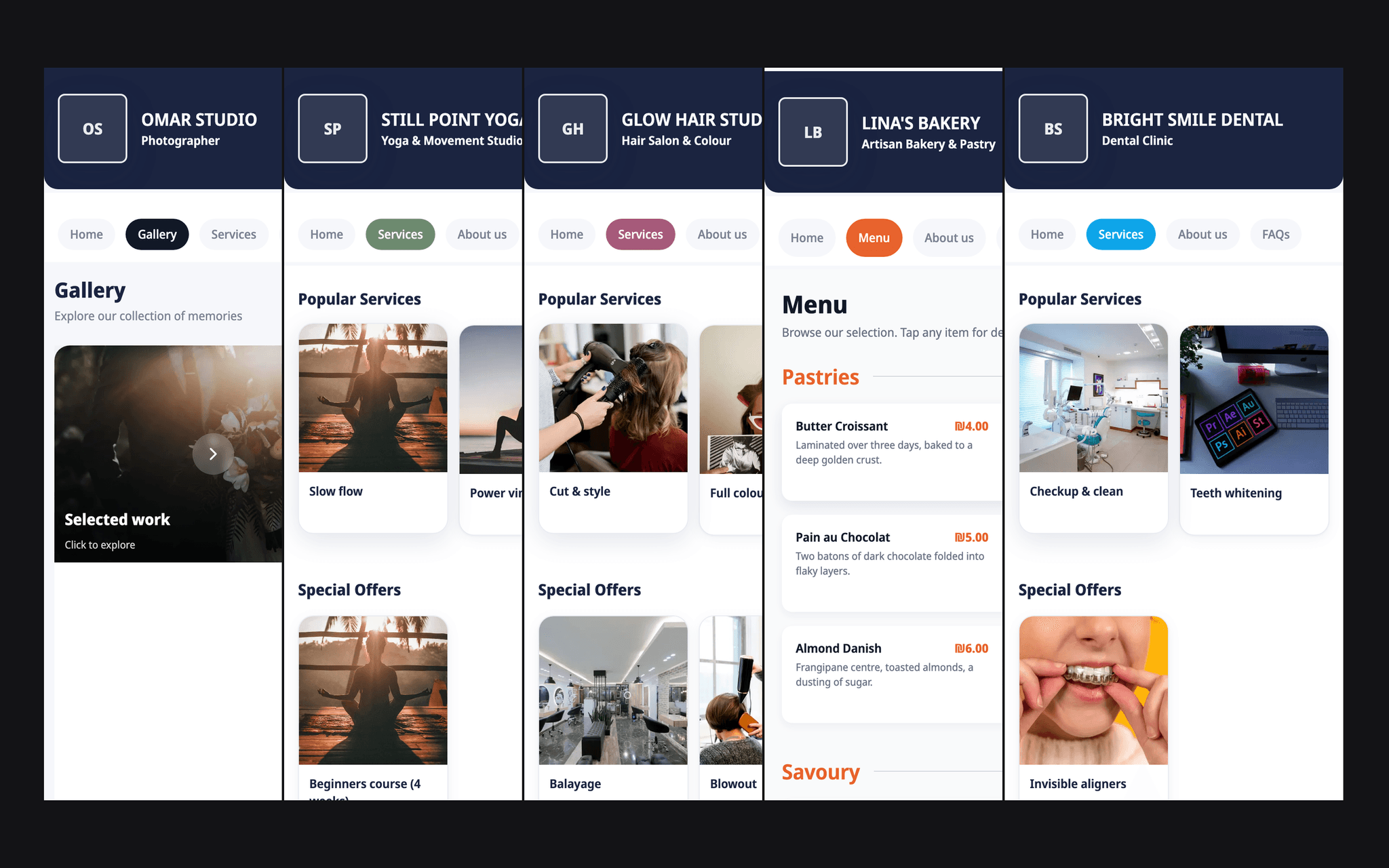 Photo-heavy generated sites: a photographer's portfolio, a bakery menu and a yoga studio schedule