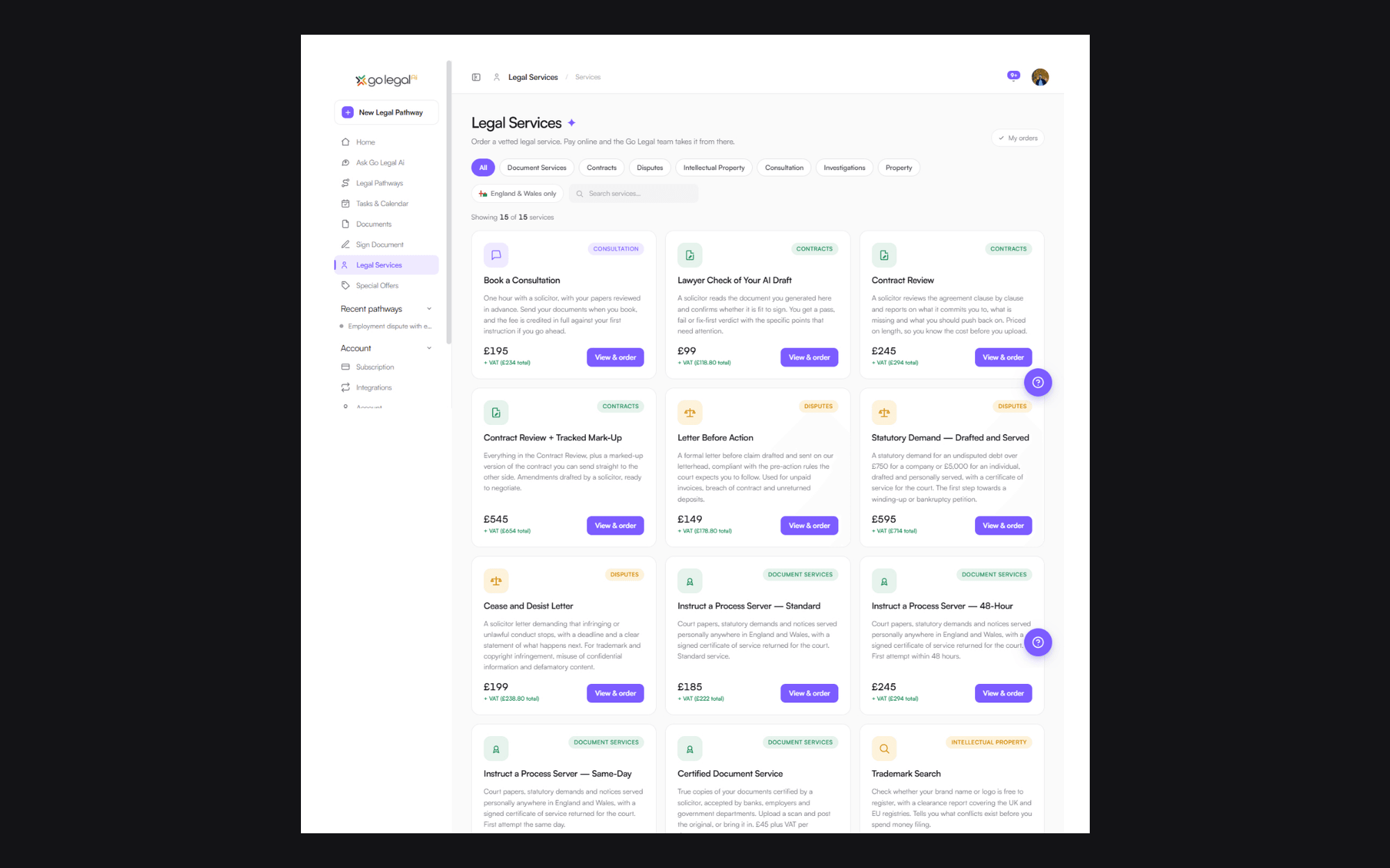 The Legal Services catalogue: fifteen priced services across consultation, contracts, disputes, document services, intellectual property, investigations and property, each with a fixed fee plus VAT