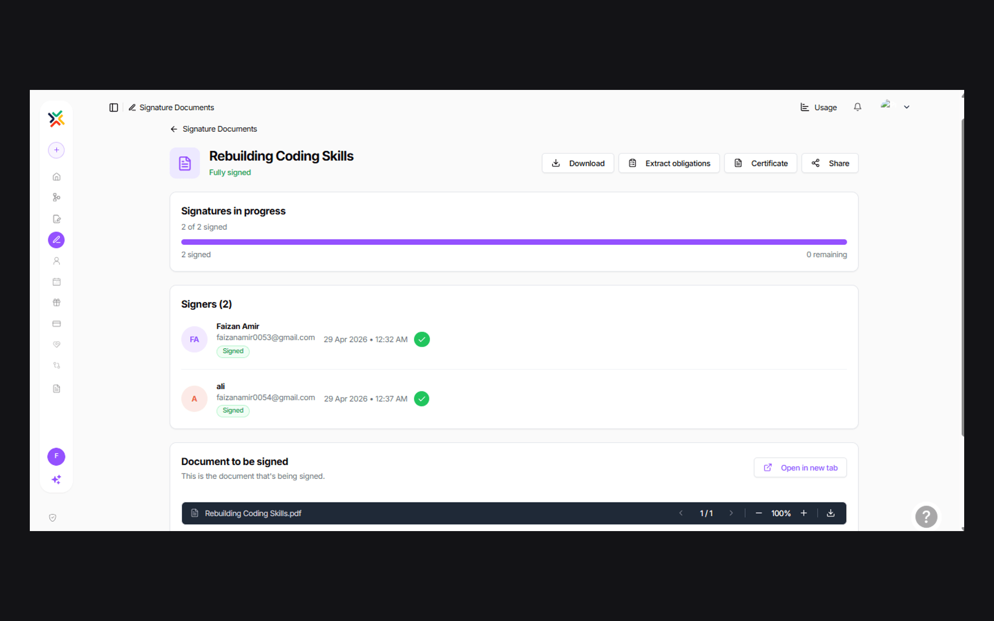 A fully signed document in Go Legal AI showing both signers with timestamps, alongside the Extract obligations action and the signing certificate