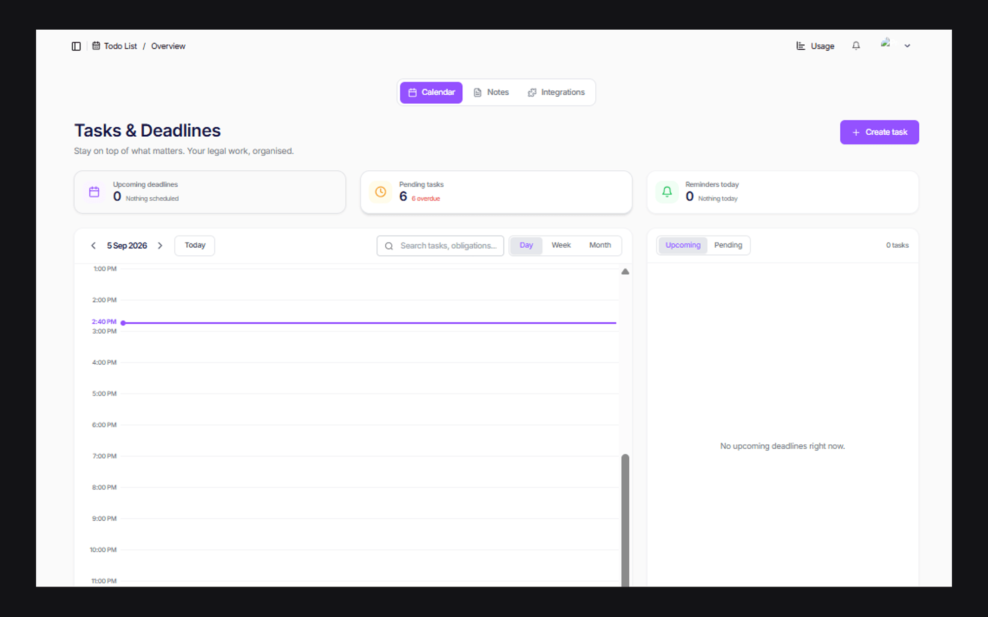 The Tasks and Deadlines module: a calendar view with counters for upcoming deadlines, pending and overdue tasks, and reminders, plus notes and integrations tabs